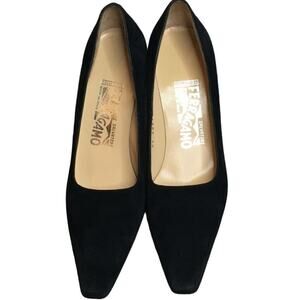 Salvatore Ferragamo Slip On Pump Pointed Toe Heels Suede Leather Black 7.5